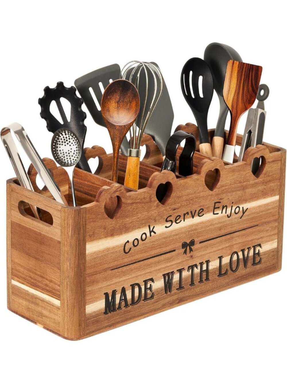Large Acacia Wood Kitchen Utensil Holder | Rustic Farmhouse Organizer with 4